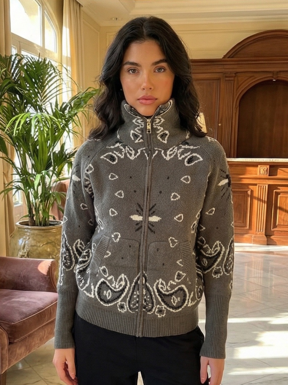NWT and Packaging Women's Gray Patterned Bandana Zip-Up Sweater Jacket